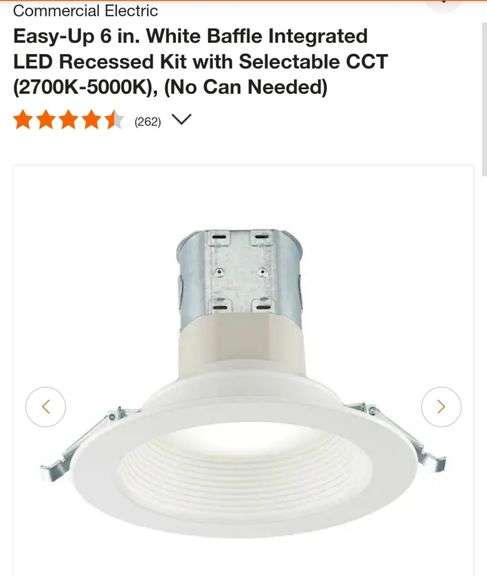 Commercial Electric Easy-Up 6 in. White Baffle Integrated LED Recessed Kit with Selectable CCT (2700K-5000K), (No Can Needed)