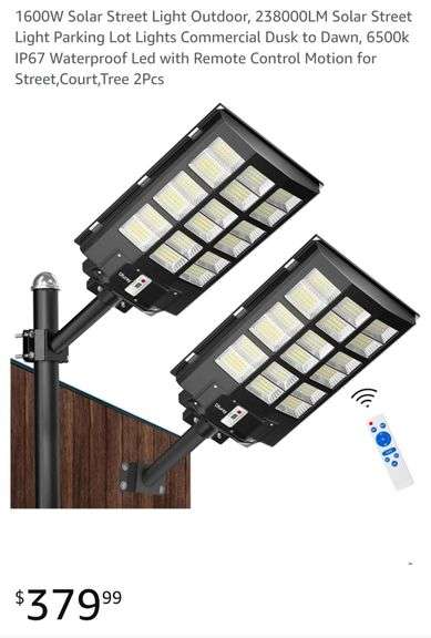 1600W Solar Street Light Outdoor, 238000LM Solar Street Light Parking Lot Lights Commercial Dusk to Dawn, 6500k IP67 Waterproof Led with Remote Control Motion for Street,Court,Tree 2Pcs