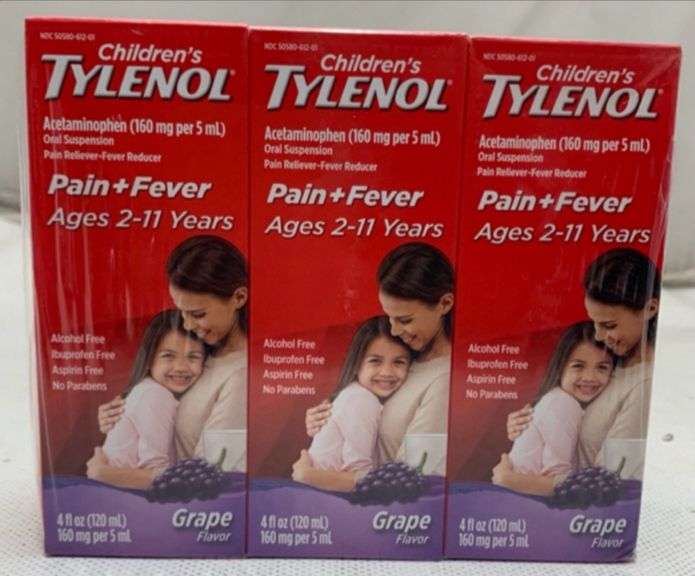 (3) Tylenol Children's Oral Suspension, Fever Reducer and Pain Reliever, Grape, 4 fl oz