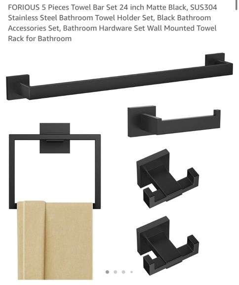 FORIOUS 5 Pieces Towel Bar Set 24 inch Matte Black, SUS304 Stainless Steel Bathroom Towel Holder Set, Black Bathroom Accessories Set, Bathroom Hardware Set Wall Mounted Towel Rack for Bathroom