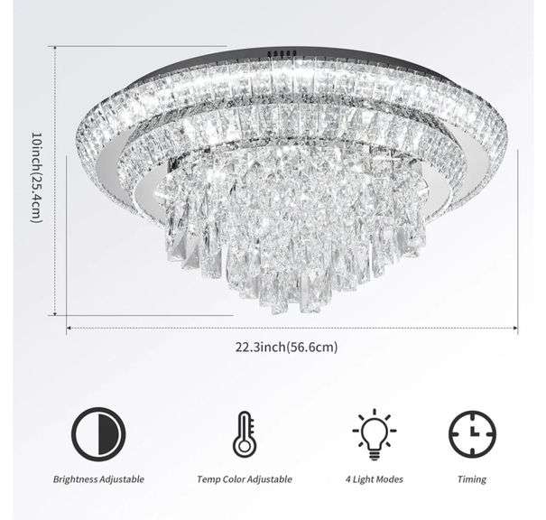 24" Crystal Ceiling-Light Flush Mount with Remote Control, 3 Colors Temp & Brightness Adjustable, Modern Crystal Raindrop Chandeliers