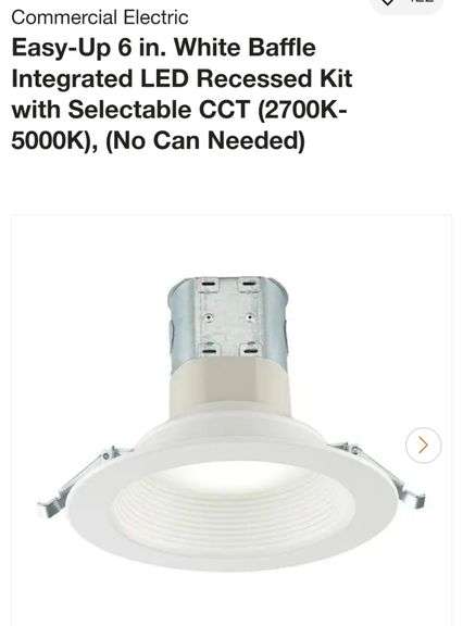 Commercial Electric Easy-Up 6 in. White Baffle Integrated LED Recessed Kit with Selectable CCT (2700K-5000K), (No Can Needed)