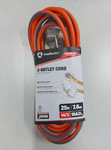 Southwire 25 ft. 14/3 SJTW Extension Cord 3 Tap in Orange