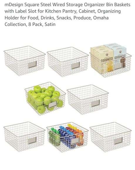 8pk mDesign Square Steel Wired Storage Organizer Bin Baskets with Label Slot for Kitchen Pantry