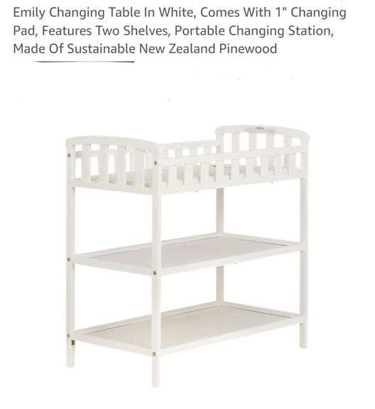 Emily Changing Table In White, Comes With 1" Changing Pad, Features Two Shelves, Portable Changing Station, Made Of Sustainable New Zealand Pinewood