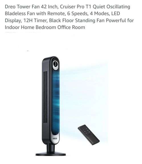 Dreo Tower Fan 42 Inch, Cruiser Pro T1 Quiet Oscillating Bladeless Fan with Remote, 6 Speeds, 4 Modes, LED Display, 12H Timer,