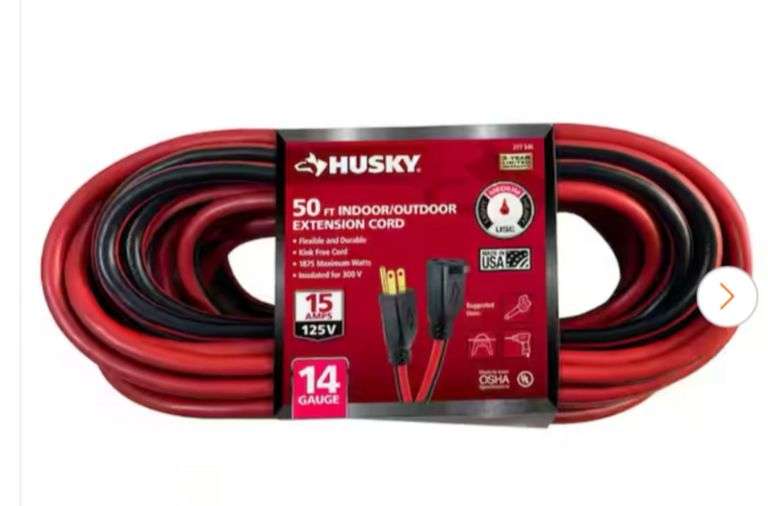 Husky 50 ft. 14/3 Medium Duty Indoor/Outdoor Extension Cord, Red/Black