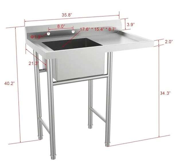 Stainless Steel Utility Sink with Drainboard, One Compartment Workbench Sink Commercial Sink for Restaurant, Laundry Room, Backyard, Garages - Overall Size: 35.8" W x 21.3" D x 40.2" H