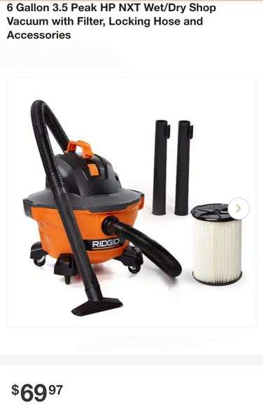 RIDGID 6 Gallon 3.5 Peak HP NXT Wet/Dry Shop Vacuum with Filter, Locking Hose and Accessories