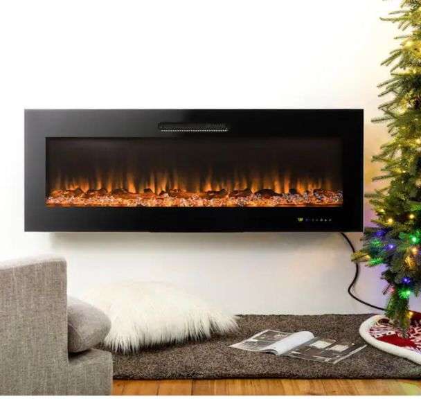 Glitzhome Oak Plus 50 in. L Black Recessed Wall Mounted Electric Fireplace with 9 Color Flames Faux Log and Crystal Decorated
