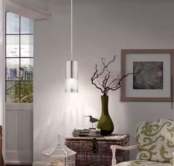 Hampton Bay Hensley 1-Light Satin Nickel Mini Pendant with Metal Cylinder Shade