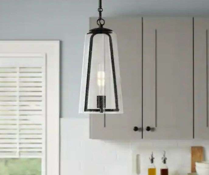 Desmond 60-Watt 1-Light Black Pendant with Smoke Seedy Glass Shade