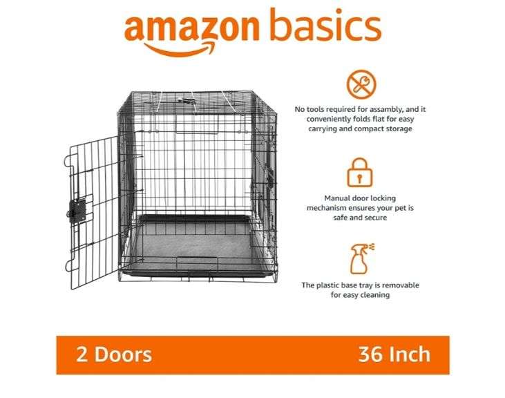 Amazon Basics - Durable, Foldable Metal Wire Dog Crate with Tray, Double Door, 36 x 23 x 25 Inches, Black