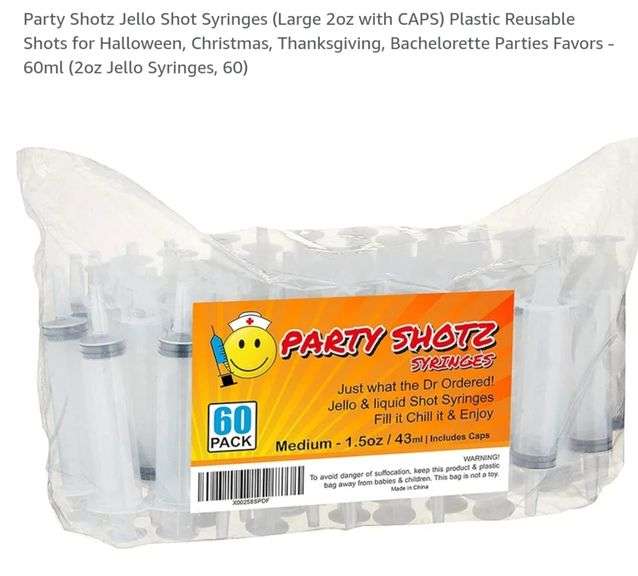 Party Shotz Jello Shot Syringes (Large 2oz with CAPS) Plastic Reusable Shots 60ct