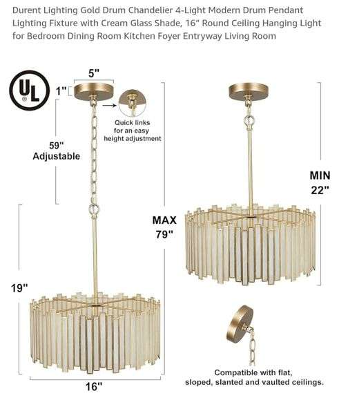16" Durent Lighting Gold Drum Chandelier 4-Light Modern Drum Pendant Lighting Fixture with Cream Glass Shade