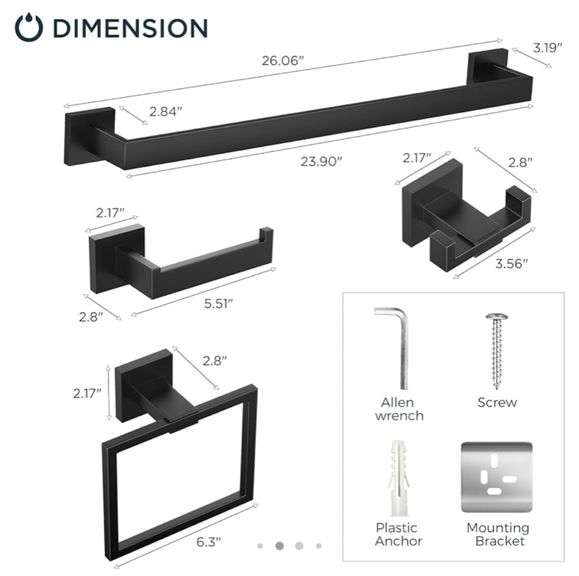 FORIOUS 5 Pieces Towel Bar Set 24 inch Matte Black, SUS304 Stainless Steel Bathroom Towel Holder Set, Black Bathroom Accessories Set, Bathroom Hardware Set Wall Mounted Towel Rack for Bathroom