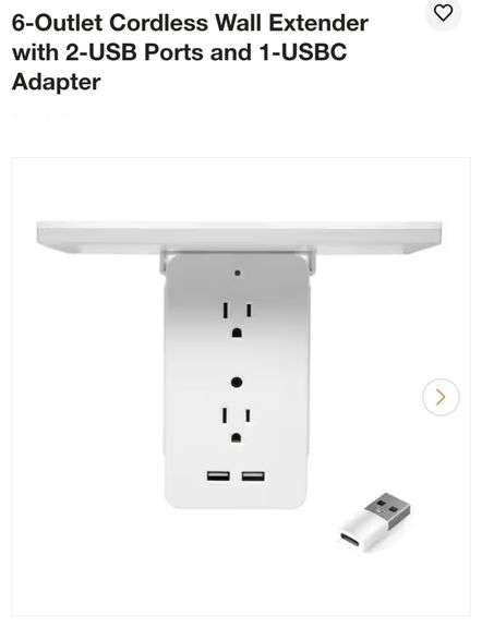 6-Outlet Cordless Wall Extender with 2-USB Ports and 1-USBC Adapter