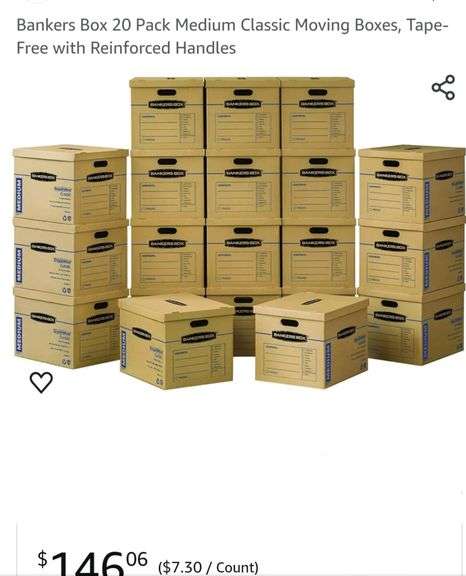 Bankers Box 20 Pack Medium Classic Moving Boxes, Tape-Free with Reinforced Handles
