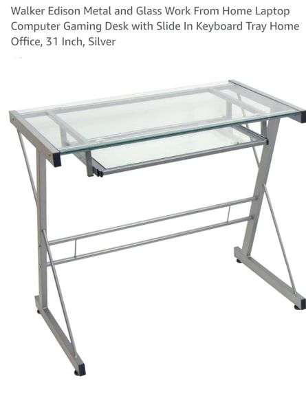 Walker Edison Metal and Glass Work From Home Laptop Computer Gaming Desk with Slide In Keyboard Tray Home Office, 31 Inch, Silver