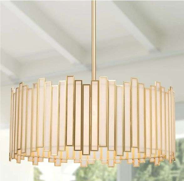 16" Durent Lighting Gold Drum Chandelier 4-Light Modern Drum Pendant Lighting Fixture with Cream Glass Shade