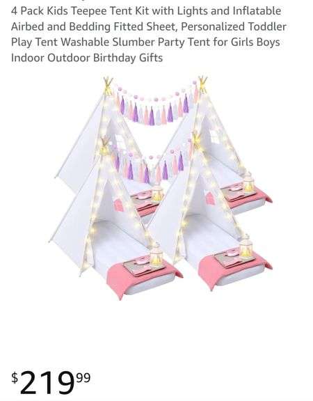 4 Pack Kids Teepee Tent Kit with Lights and Inflatable Airbed and Bedding Fitted Sheet,
