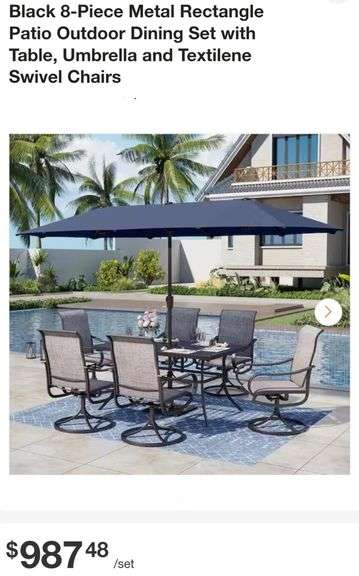 Black 8-Piece Metal Rectangle Patio Outdoor Dining Set with Table, Umbrella and Textilene Swivel Chairs