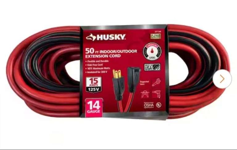 Husky 50 ft. 14/3 Medium Duty Indoor/Outdoor Extension Cord, Red/Black