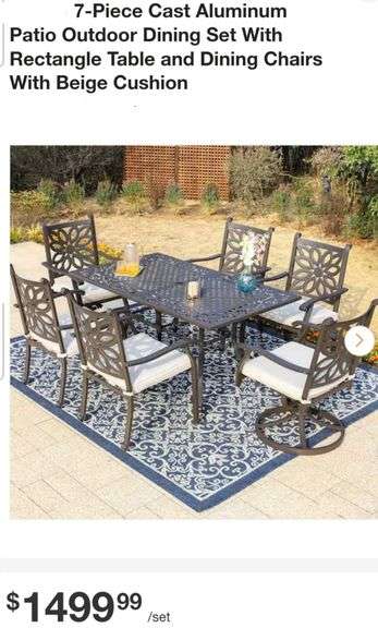 7-Piece Cast Aluminum Patio Outdoor Dining Set With Rectangle Table and Dining Chairs With Beige Cushion