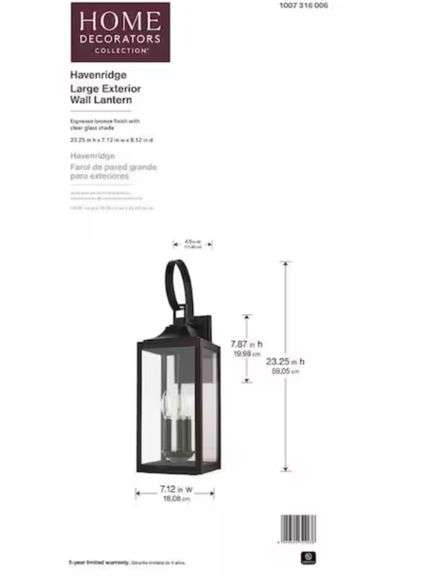Home Decorators Collection Havenridge 23.2 in. 3-Light Espresso Bronze Hardwired Outdoor Wall Light Lantern Sconce with Clear Glass (1-Pack)