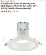 Commercial Electric Easy-Up 6 in. White Baffle Integrated LED Recessed Kit with Selectable CCT (2700K-5000K), (No Can Needed)