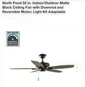North Pond 52 in. Indoor/Outdoor Matte Black Ceiling Fan with Downrod and Reversible Motor; Light Kit Adaptable