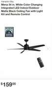 Hampton Bay Mena 54 in. White Color Changing Integrated LED Indoor/Outdoor Matte Black Ceiling Fan with Light Kit and Remote Control