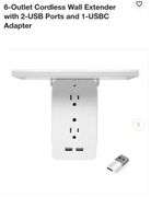 6-Outlet Cordless Wall Extender with 2-USB Ports and 1-USBC Adapter