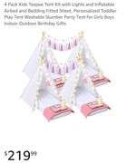 4 Pack Kids Teepee Tent Kit with Lights and Inflatable Airbed and Bedding Fitted Sheet,