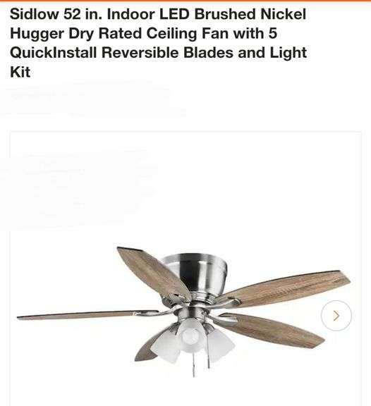 Sidlow 52 in. Indoor LED Brushed Nickel Hugger Dry Rated Ceiling Fan with 5 QuickInstall Reversible Blades and Light Kit