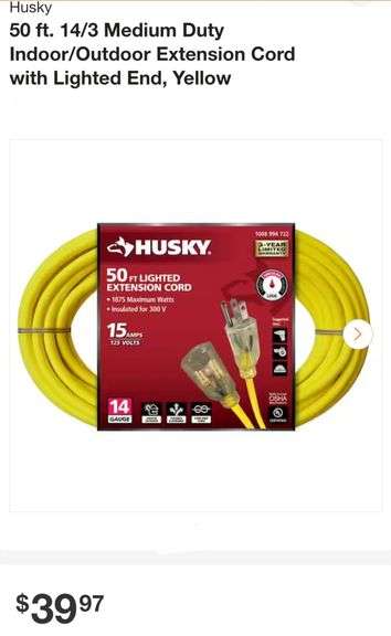 Husky 50 ft. 14/3 Medium Duty Indoor/Outdoor Extension Cord with Lighted End, Yellow