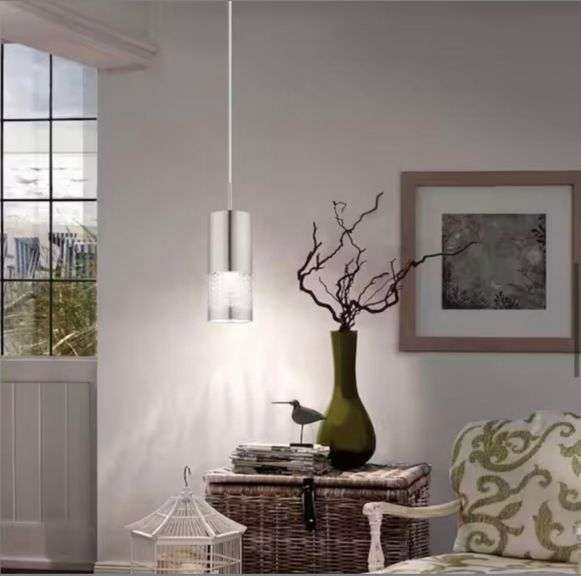 Hampton Bay Hensley 1-Light Satin Nickel Mini Pendant with Metal Cylinder Shade
