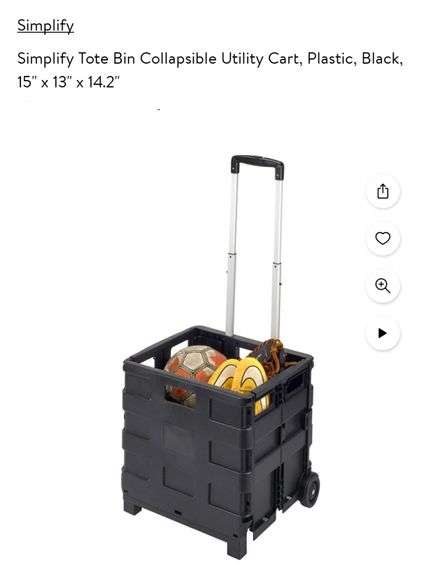 Simplify Tote Bin Collapsible Utility Cart, Plastic, Black, 15" x 13" x 14.2"