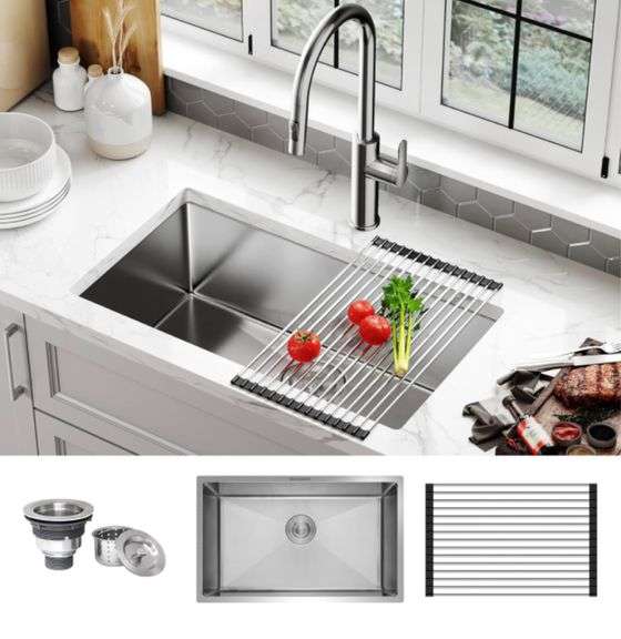 Single Bowl Stainless Steel Kitchen Sink With Strainer & Drying Rack，30" X 16.5" X 9" Sink
