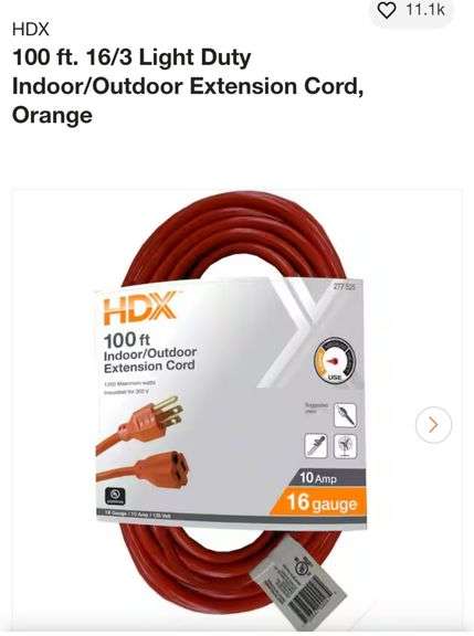 HDX 100 ft. 16/3 Light Duty Indoor/Outdoor Extension Cord, Orange