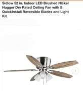 Sidlow 52 in. Indoor LED Brushed Nickel Hugger Dry Rated Ceiling Fan with 5 QuickInstall Reversible Blades and Light Kit