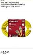 Husky 50 ft. 14/3 Medium Duty Indoor/Outdoor Extension Cord with Lighted End, Yellow