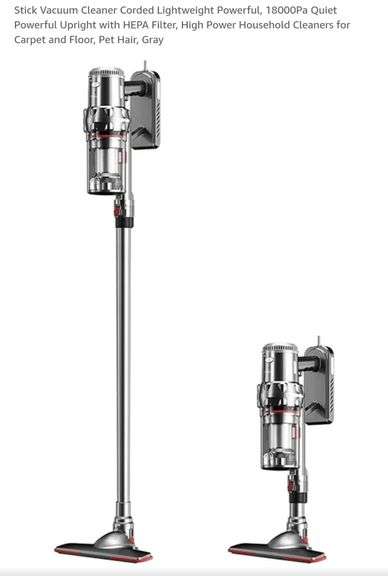 Stick Vacuum Cleaner Corded Lightweight Powerful, 18000Pa Quiet Powerful Upright with HEPA Filter, High Power Household Cleaners for Carpet and Floor, Pet Hair, Gray