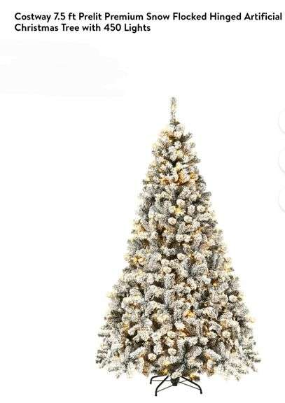 Costway 7.5 ft Prelit Premium Snow Flocked Hinged Artificial Christmas Tree with 450 Lights