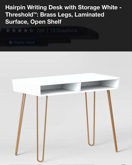 Hairpin Writing Desk with Storage White - Threshold™: Brass Legs, Laminated Surface, Open Shelf
