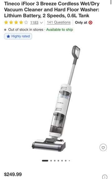 Tineco iFloor 3 Breeze Cordless Wet/Dry Vacuum Cleaner and Hard Floor Washer: Lithium Battery, 2 Speeds, 0.6L Tank