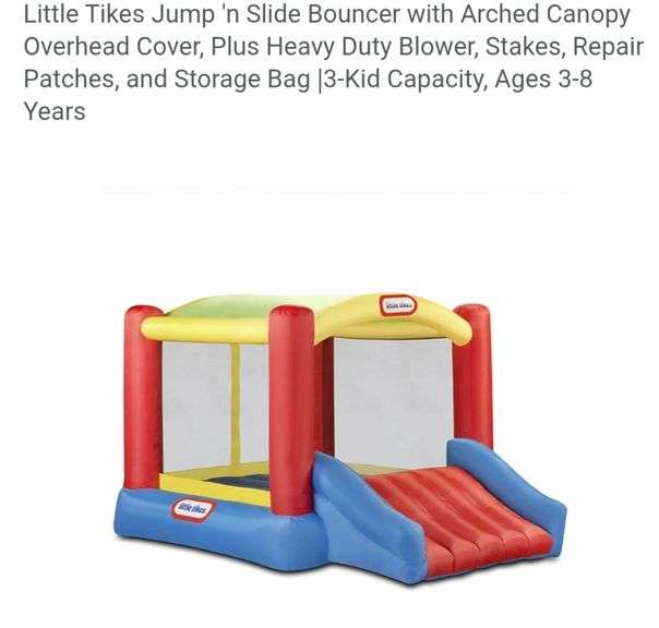 Little Tikes Jump 'n Slide Bouncer with Arched Canopy Overhead Cover, Plus Heavy Duty Blower, Stakes, Repair Patches, and Storage Bag |3-Kid Capacity, Ages 3-8 Years