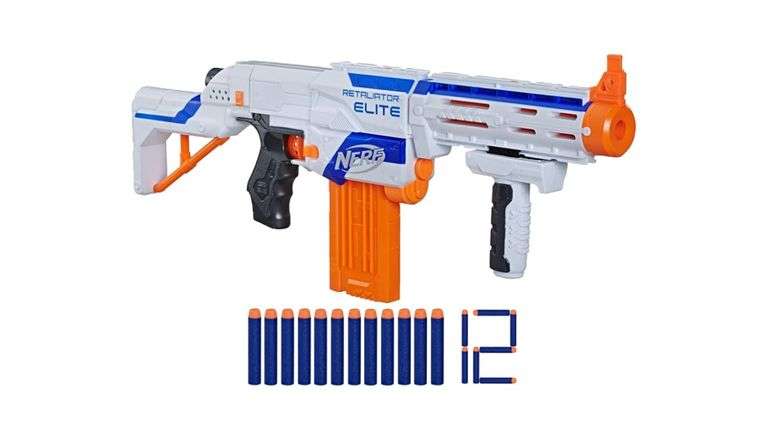 NERF N-Strike Elite Retaliator Blaster, Stock, Grip, Barrel, 12-Clip, 12 Darts, Outdoor Toys for Kids 8+