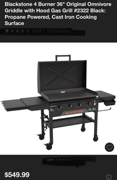 Blackstone 4 Burner 36" Original Omnivore
Griddle with Hood Gas Grill #2322 Black:
Propane Powered, Cast Iron Cooking
Surface