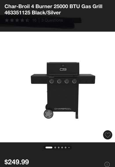 Char-Broil 4 Burner 25000 BTU Gas Grill
463351125 Black/Silver